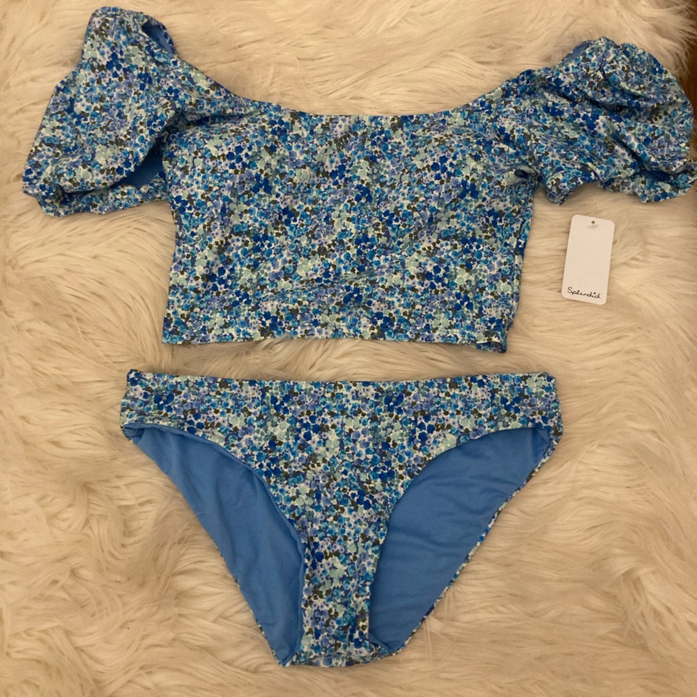 Splendid two piece bikini blue floral puff sleeve medium